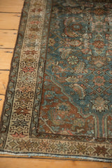 Vintage Distressed Hamadan rug, geometric border, worn Herati pattern field in dusty teal and bronze.