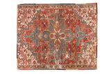 Distressed vintage Heriz square rug, geometric medallion with faded palmettes in cherry red, teal, and ivory. 3'5