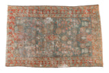 Distressed vintage Hamadan rug with a muted aqua field and terra cotta floral medallion, 3'4