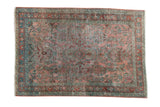 Distressed hand knotted Persian Sarouk rug with dusty raspberry red and ocean blue intricate floral patterns, 3'5