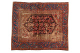 Antique Kula square rug, aubergine and burgundy floral field, sapphire blue vine border, aged patina, 4'4