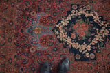 Vintage Bijar rug: ornate European rose, laurel, and Persian Herati designs in red, navy.