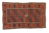 Hand-knotted Antique Persian Belouch rug featuring madder red, navy geometric floral lattice, 2'9