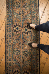 Antique Yazd runner, curvilinear palmette-floral design, sky blue, sand, ivory tones, even pile wear.