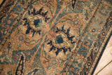 Antique Yazd runner's oversized palmettes, Safavid leaves, blue, navy, ivory, with wear.