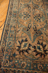Antique Persian Yazd runner's intricate ivory, sky blue, navy palmettes, with wear to knot heads.