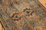 Antique Yazd runner's oversized Safavid palmettes, navy, sky blue on sand, with wear.