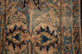 Safavid-inspired palmettes and leaves on antique Yazd runner, with navy, sky blue, and visible foundation.