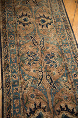 Detailed Safavid-inspired navy and sky blue palmettes on an antique Yazd runner.