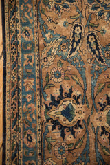 Antique Yazd runner's dramatic Safavid palmettes, elongated leaves, navy, sky blue, and sand tones.