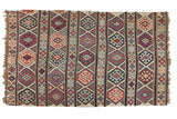 Antique Shirvan Kilim carpet with horizontally banded geometric patterns in navy, brick red, and ivory.