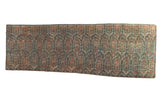 Distressed texture of vintage Malayer runner fragment, allover boteh pattern, blue and red tones, 1'10