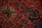 Vintage Bijar runner detail: raspberry red field, indigo blue palmettes, green vinery, low pile.