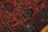 Vintage Persian Bijar runner detail: raspberry field with oversized palmettes, low pile, indigo border.