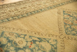 Distressed vintage Persian Serab runner showing abrashed sand field and blue border motif.