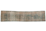 Distressed vintage Persian Meshed runner with faded ocean green, blush palmette vines. 2'5