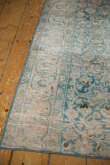 Distressed vintage Meshed runner, faded ocean green palmettes, worn pile, exposed foundation.