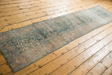 Vintage distressed Meshed runner side, ocean green, blush, scrolling palmettes, and worn texture.