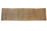 Distressed Malayer runner rug, faded green-blue field with blush red boteh pattern, 3'9