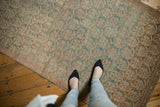 Distressed vintage Malayer runner with faded raspberry seed botehs, ocean green.