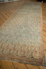 Distressed Malayer runner, faded ocean green, dusty blue, and raspberry boteh patterns.