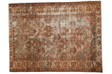 Vintage distressed Baktiari rug features tree of life, palmette border; wine red, slate blue, ivory.