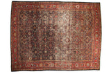 Vintage Mahal carpet, allover trefoil lattice, navy, red, ivory, with visible wear to foundation, 9x12.