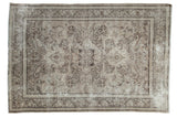 Distressed vintage Mahal carpet, faded antique ivory and charcoal, scrolling botanical patterns, 5'4