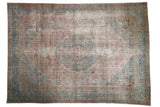 Distressed vintage Tabriz carpet, faded blue medallion, floral vinery, ivory field, 8'11