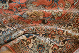 Vintage Qom rug: intricate Safavid palmette tendrils, vinery, brick red, and ivory.