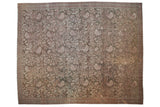 Vintage distressed Malayer carpet with an oversized scrolling plant and boteh pattern in olive green and beige.