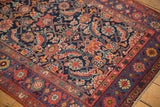 Antique Kurdish Bijar rug, hand-knotted Herati motif detail: madder red, navy, sky blue.