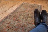 Faded blush, dusty rose, and seafoam Herati motifs on a distressed vintage Hamadan runner.