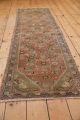 Distressed blush and seafoam Herati pattern, with secured fringe on the vintage Hamadan runner.