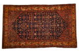 Vintage Malayer rug with navy, gold, and blush Herati motif and floral border, 4'3
