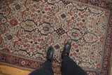 Antique Farahan Sarouk rug with unusual samovar turtle pattern, featuring ivory, madder root, and navy.
