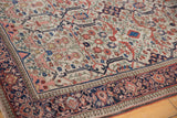 Antique Farahan Sarouk rug corner, navy border, ivory field, unique samovar turtle motifs.