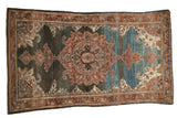 Vintage Distressed Malayer rug with bold abrash, roundel medallion, and scrolling in charcoal and blue tones.