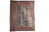 Vintage Persian Yezd fragment carpet, distressed indigo, raspberry, and ivory floral patterns. 7'10