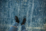 Visible wear to foundation of a vintage distressed Peking carpet in soothing blues.