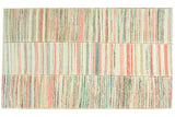 Ivory flatweave rug with blanched pastel stripes across three joined sections, 6' x 8'10