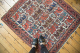 A perspective looking down at the repeating bird motif and low-pile texture of the antique Afshar rug.