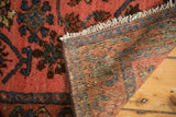 Raspberry, blue, and brown paneled motifs on a vintage Lilihan rug's pile and reverse.