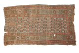 Antique distressed Kurdish rug fragment with allover mir boteh design in pale slate blue, sage gold, and coffee brown.