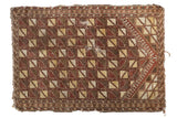 Antique Belouch Prayer rug with repeating geometric lattice pattern in saffron, brown, and ivory.