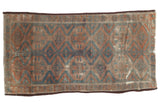 Distressed vintage Belouch runner, geometric gul pattern in rust and sky blue, 3'2