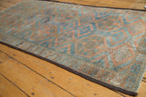 Distressed Belouch runner with threadbare terra cotta rust and sky blue geometric guls.