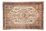 Distressed vintage Malayer rug, blush medallion, geometric vinery on soft ivory, 4'4