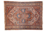 Antique Afshar hand knotted rug, geometric medallion, intricate floral motifs, madder red, blue.
