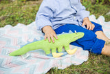 Green organic cotton stuffed dinosaur toy with light blue spines and yellow booties.